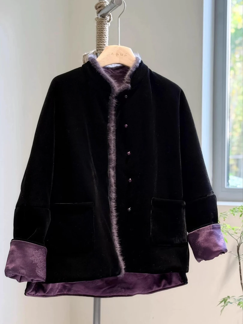 新中式撞色双面穿丝绒棉服外套女2024冬新款国风棉衣加厚夹棉袄潮