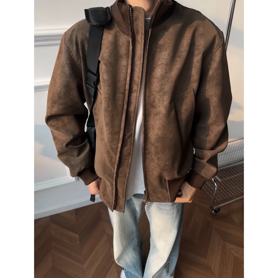 棕色扎染pu皮衣外套男秋季cleanfit双拉链飞行夹克痞帅潮牌棒球服