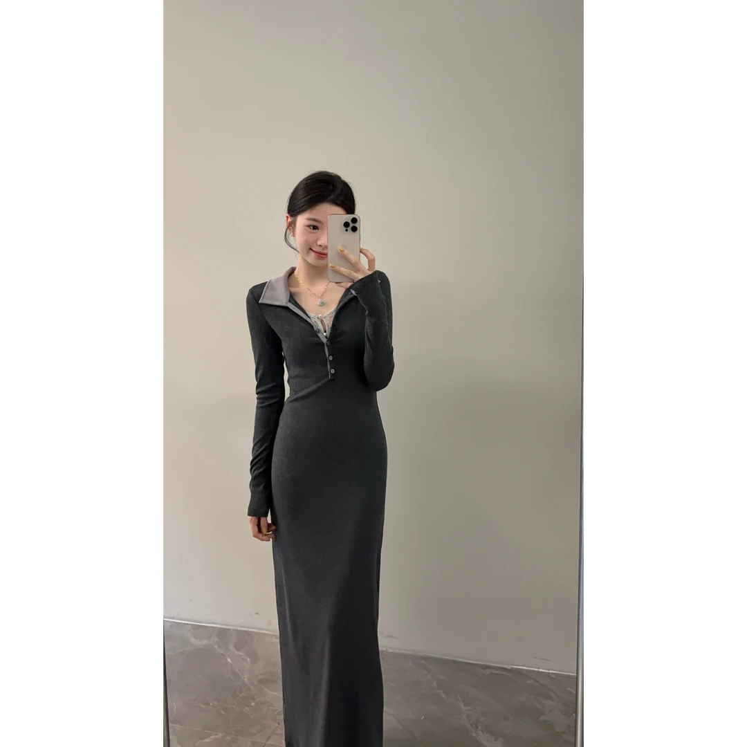 【颂宋】秋季新款POLO领翻领时尚连衣裙长裙收腰长袖设计感DT1588