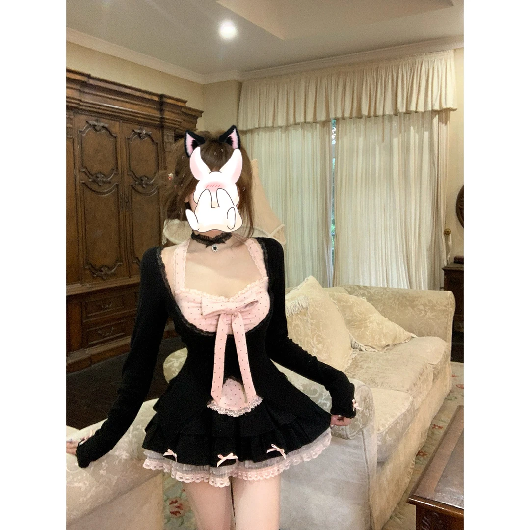 纯欲甜辣妹蕾丝针织开衫+蝴蝶结吊带上衣+蓬蓬半身裙早秋三件套女