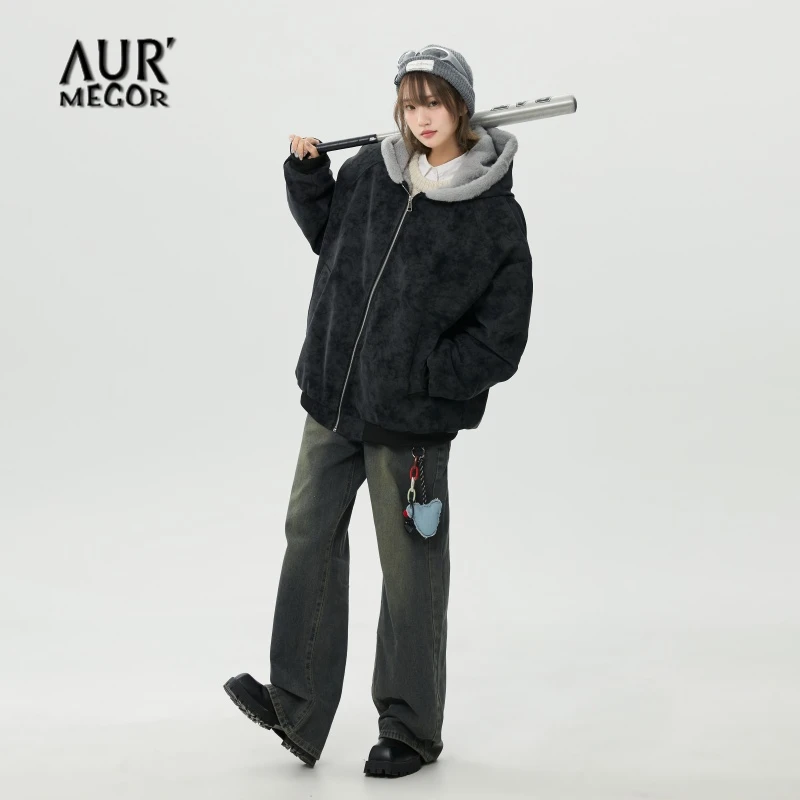 AUR新款座山雕长袖韩版秋冬棉服连帽情侣加绒磨毛荔枝纹棉衣男