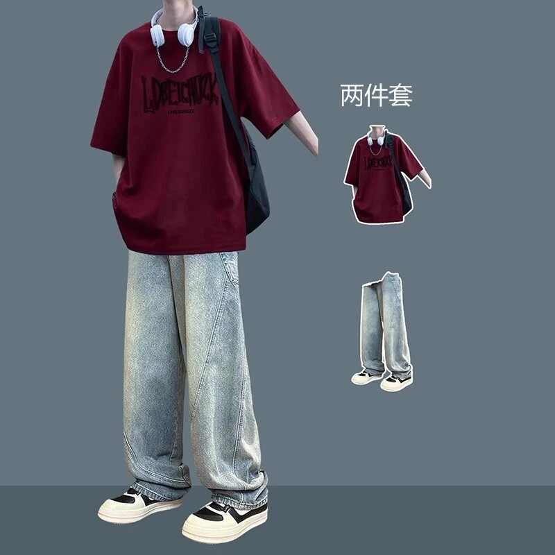 男生酷帅穿搭套装青少年短袖t恤夏季宽松痞帅男装一套搭配牛仔裤