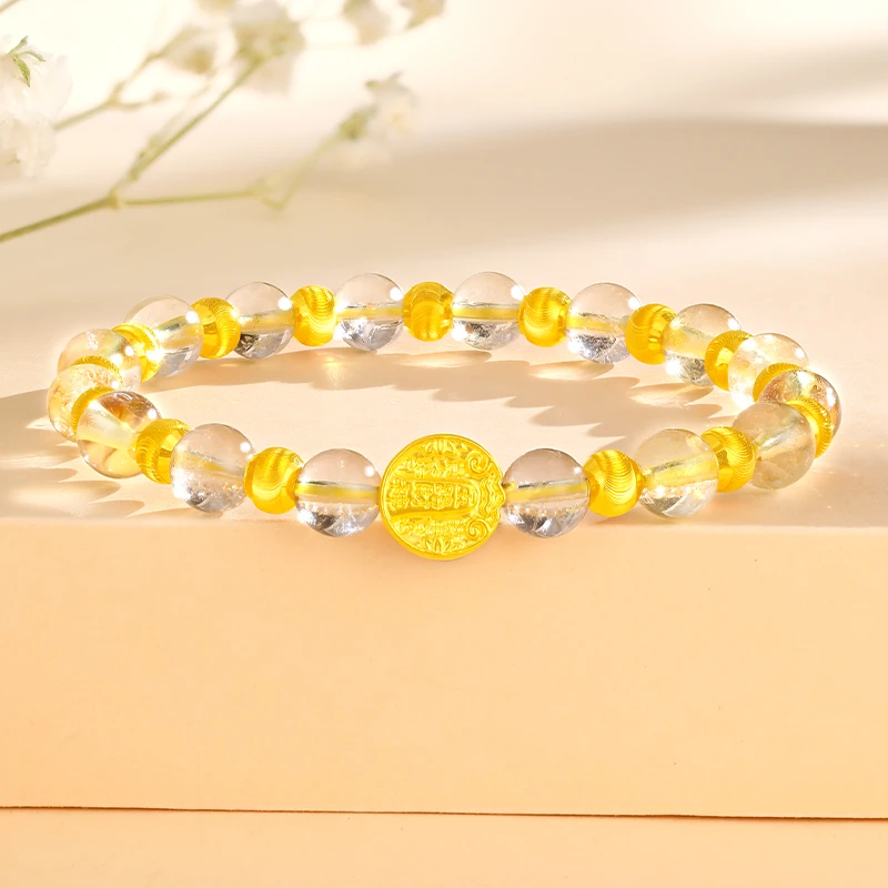 周金生黄金五路财神猫眼珠黄发晶手链手串足金999生日礼物送女友