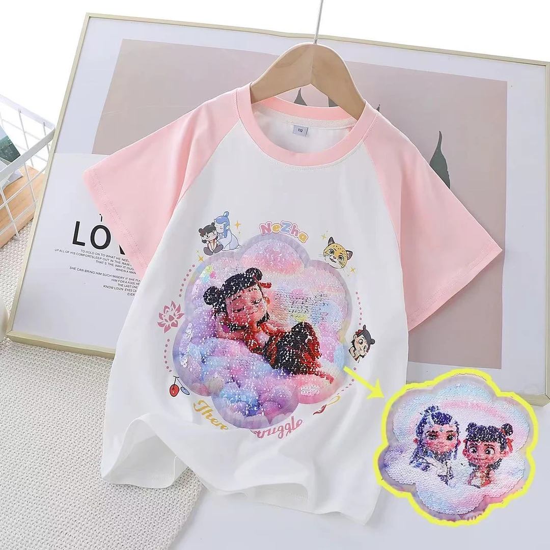 哪吒闹海儿童服装女童短袖T恤纯棉小女孩亮片变色夏季衣服半袖衫