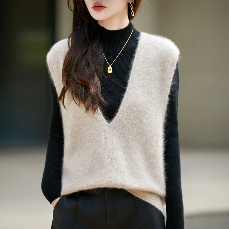 温暖好上头~秋冬新款V领拉毛无袖马甲女士羊毛衫毛衣外穿针织衫