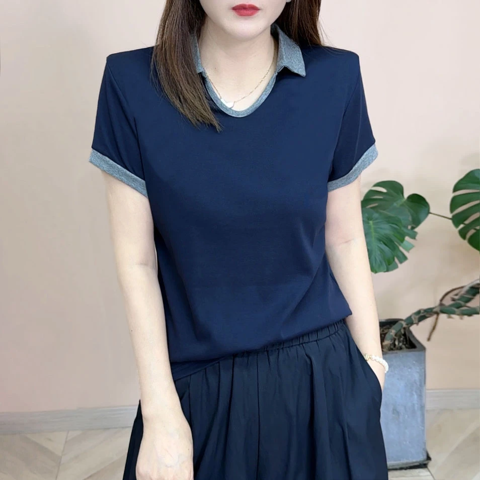 2025夏季新品时尚百搭修身显瘦个性U领设计感女士短袖上衣8053