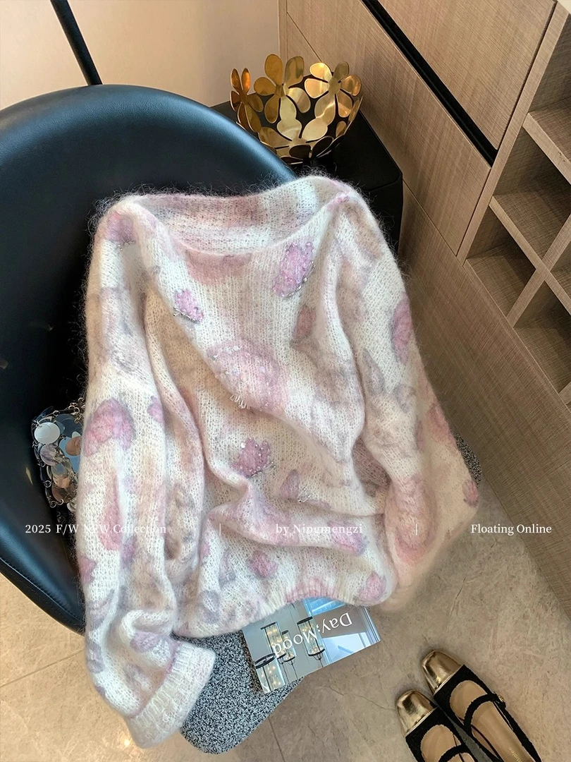 大码胖mm粉色印花钉珠马海毛毛衣女2025早秋新款慵懒风针织衫上衣