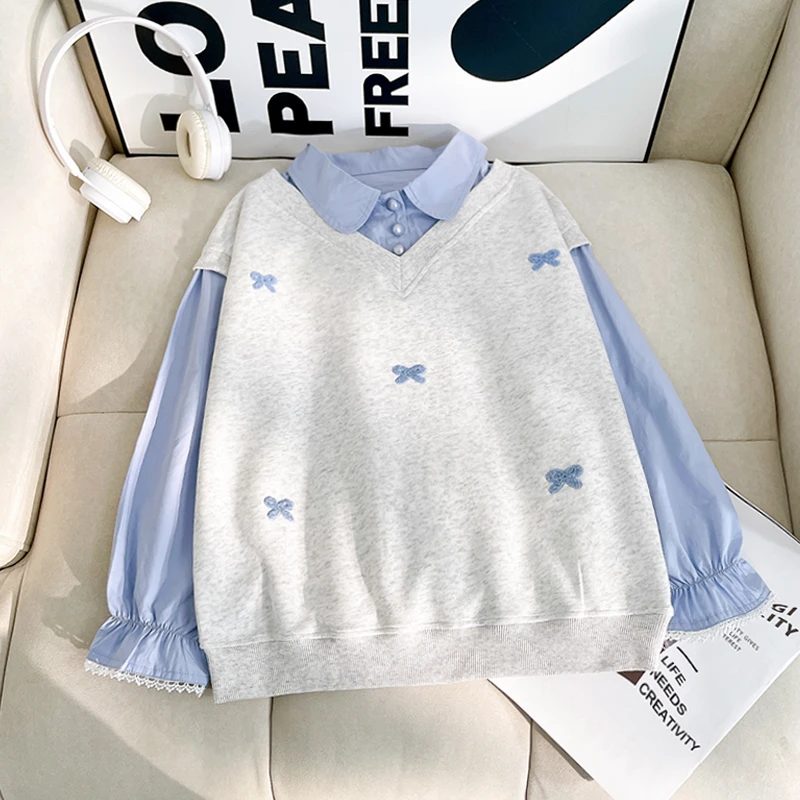 女童假两件衬衫卫衣2025春秋款花边袖中大童初中生zb5430简约童品