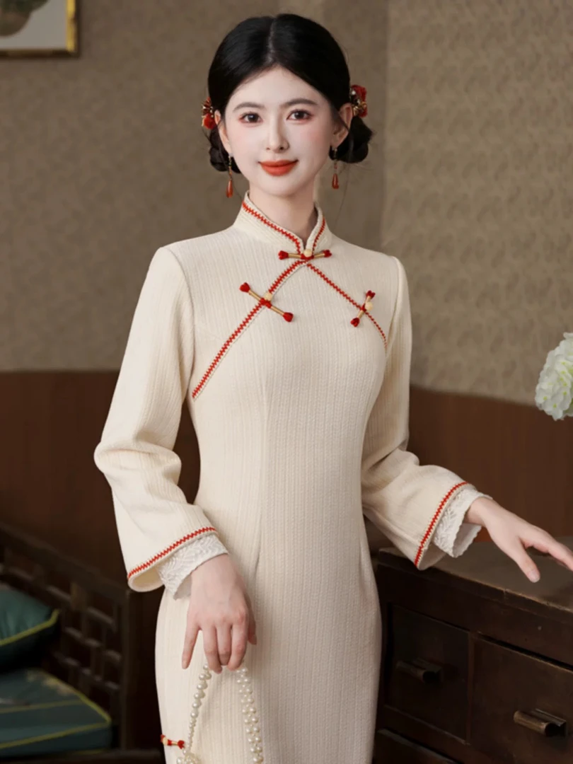 【白色双袖012】网红秋冬年轻款春秋长袖新中式日常中国风苏州旗袍