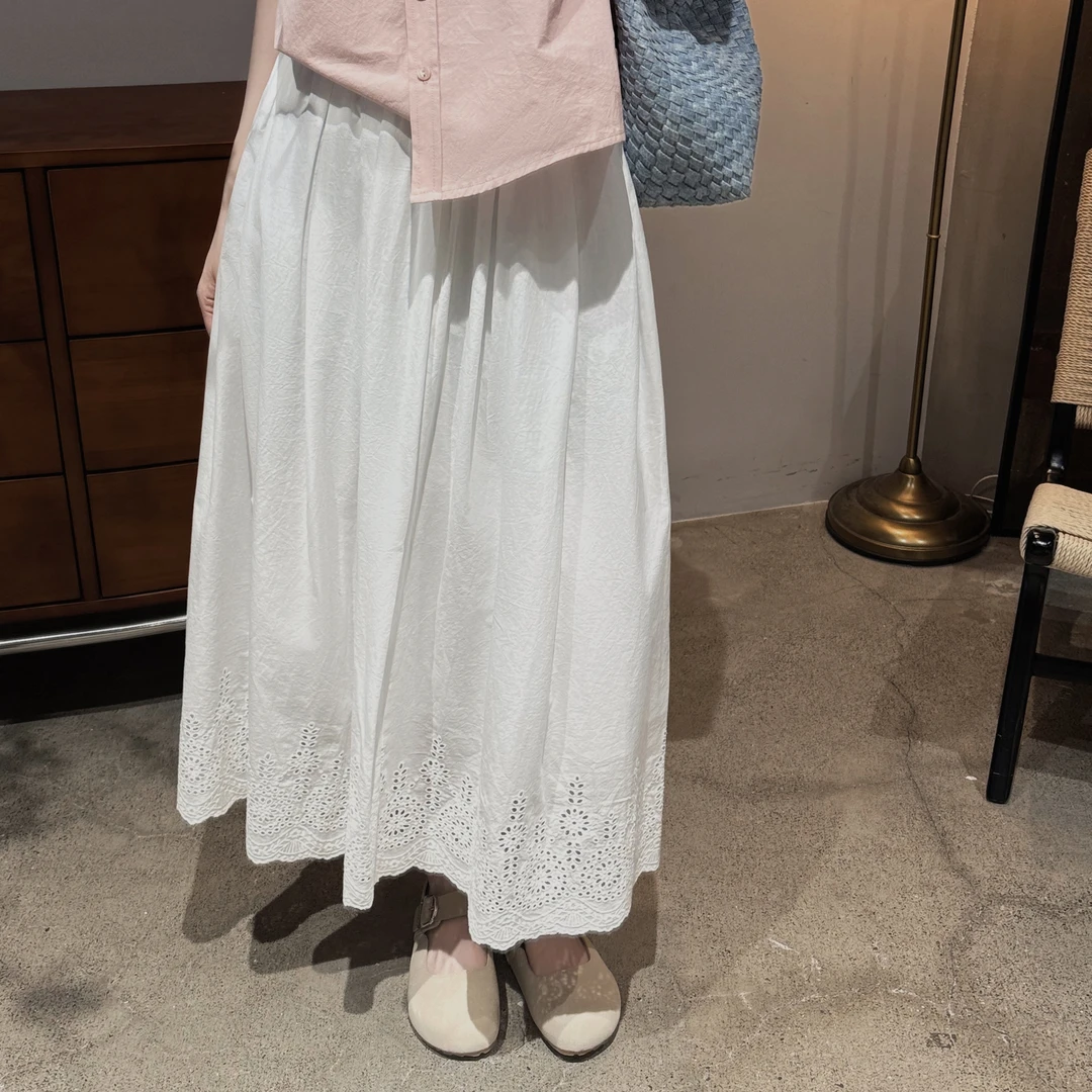 韩系时尚简约休闲气质百搭款松紧腰激光镂空半裙-M25201326