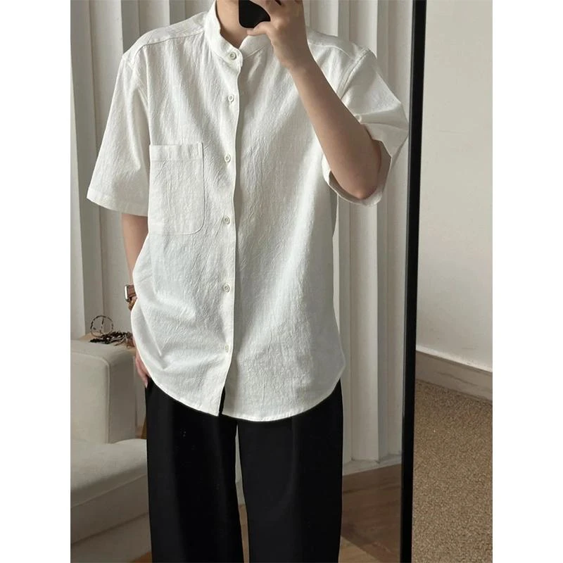新中式纯棉短袖衬衫男夏季薄款复古亨利领衬衣纹理感宽松休闲外套