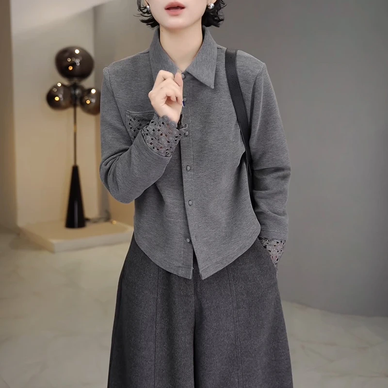 冬季钩花翻领单排扣衬衫女款爆款2025新款时尚洋气百搭女装上衣女