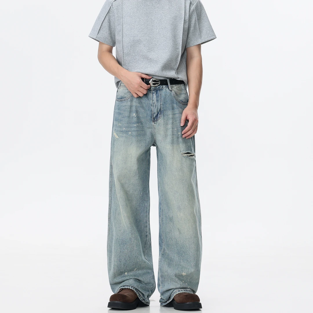 新款美式复古做旧休闲阔腿百搭潮流破洞泼墨牛仔裤男