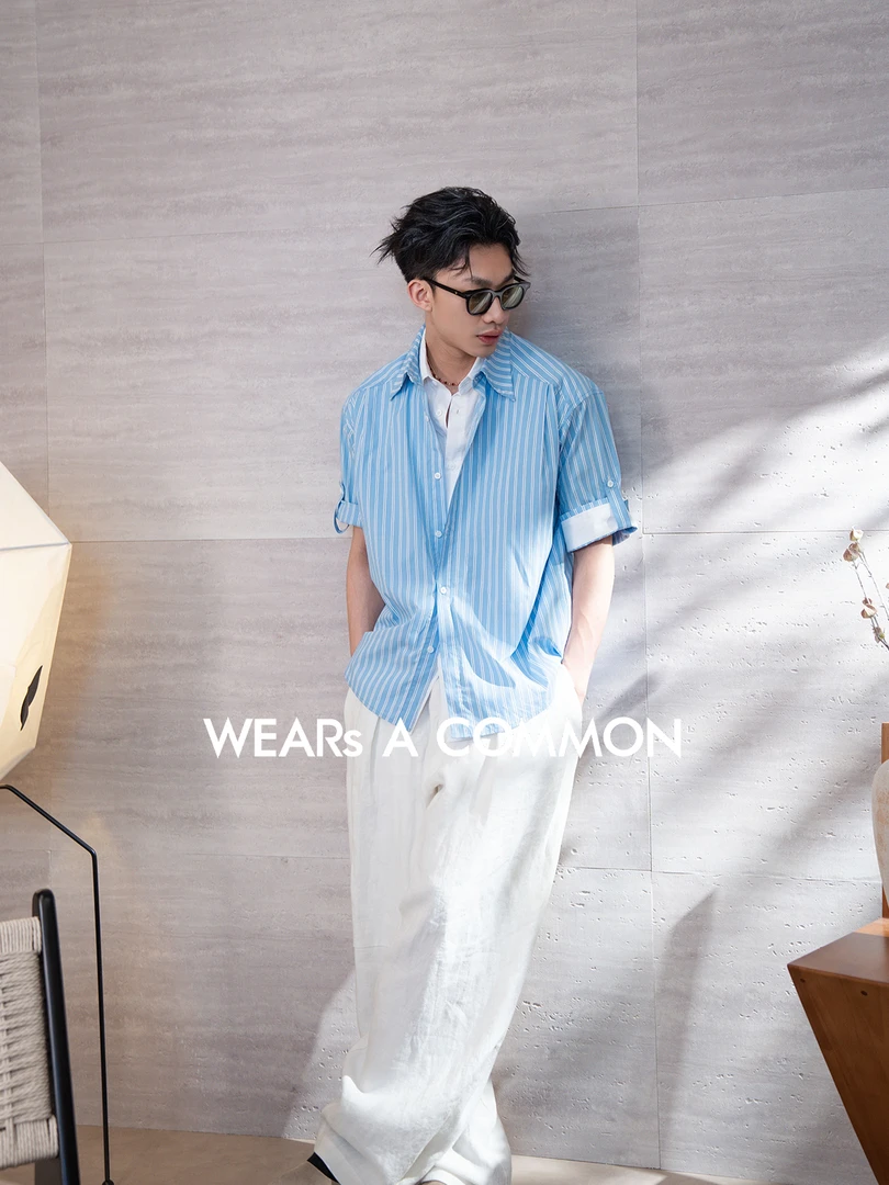 WAC 夏季双层翻领蓝白条纹免烫短袖衬衫