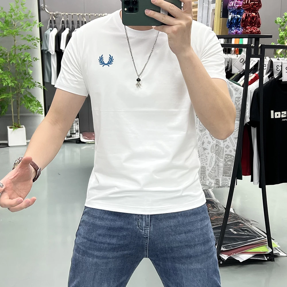 短袖体恤男修身夏季新款欧货简约印花时尚圆领丝光棉男士半袖上衣