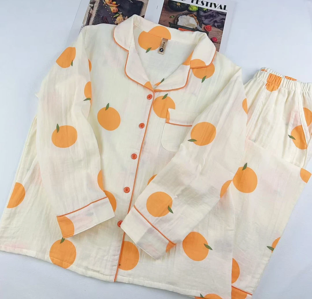 【心想事橙】女士长袖长裤100%纯棉睡衣双层棉纱柔软四季家居服