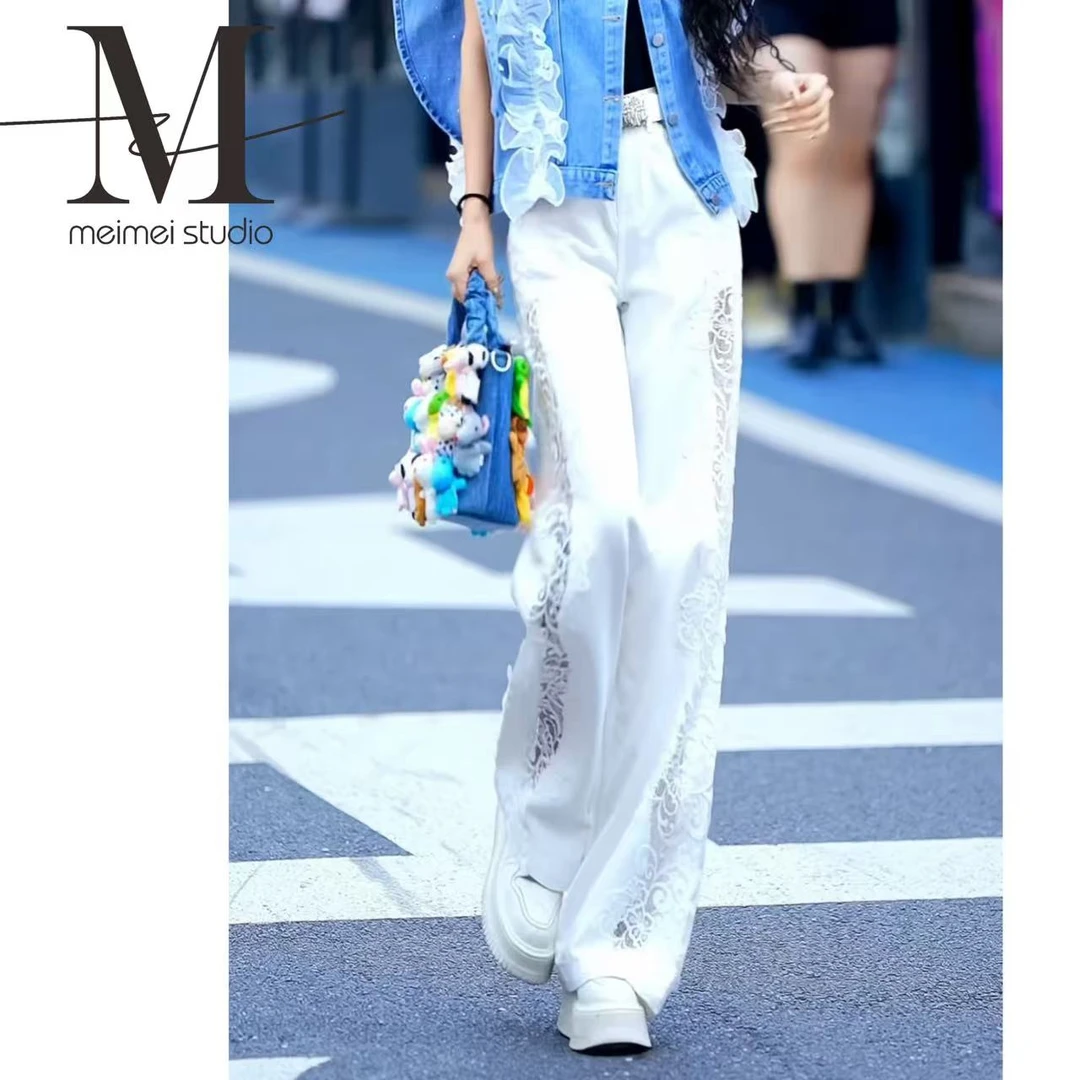 MEIMEI STUDIO【蕾丝】显瘦阔腿宽松时尚百搭牛仔裤617-30472849