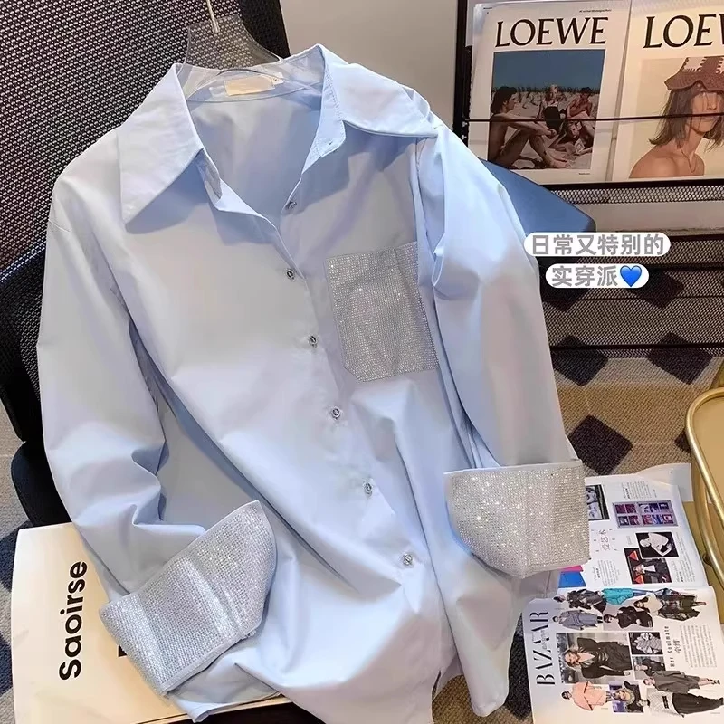 特大码300斤慵懒风长袖衬衫男士装早秋季设计感拼接烫钻上衣潮衣2