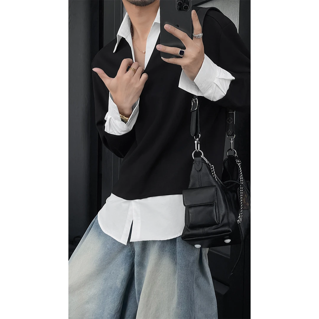 龙叨叨春季新品小众设计感V领假两件拼接衬衫卫衣男韩系休闲上衣