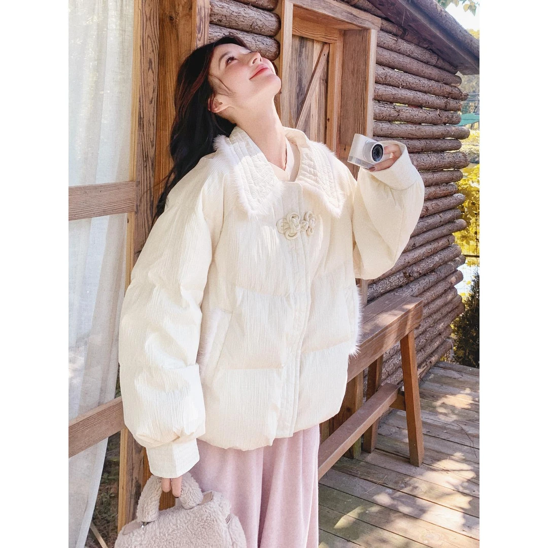 白色新中式羽绒服女冬季新款小个子短款加厚韩系盘扣90白鸭绒外套