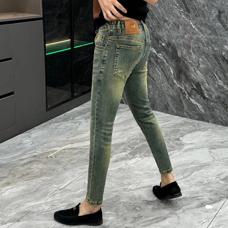 2025春秋新款牛仔裤男欧货怀旧复古修身小脚裤青年简约百搭九分裤