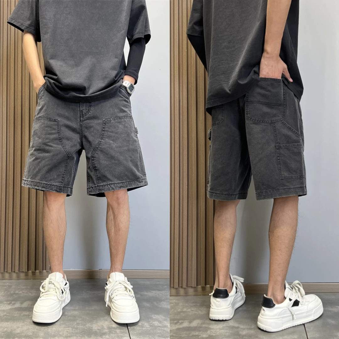美式高街做旧复古休闲水洗宽松牛仔短裤夏季薄款百搭直筒五分裤男