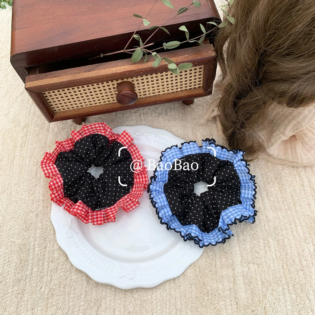 韩系复古小波点格子花边儿童大肠发圈新款气质温柔头花丸子头发绳