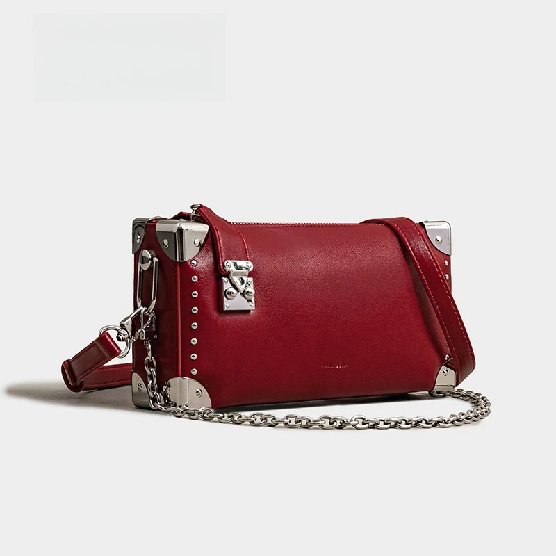【RAIN·CUN】轻奢拼接链条手提斜挎小方包SK-82800-暗红