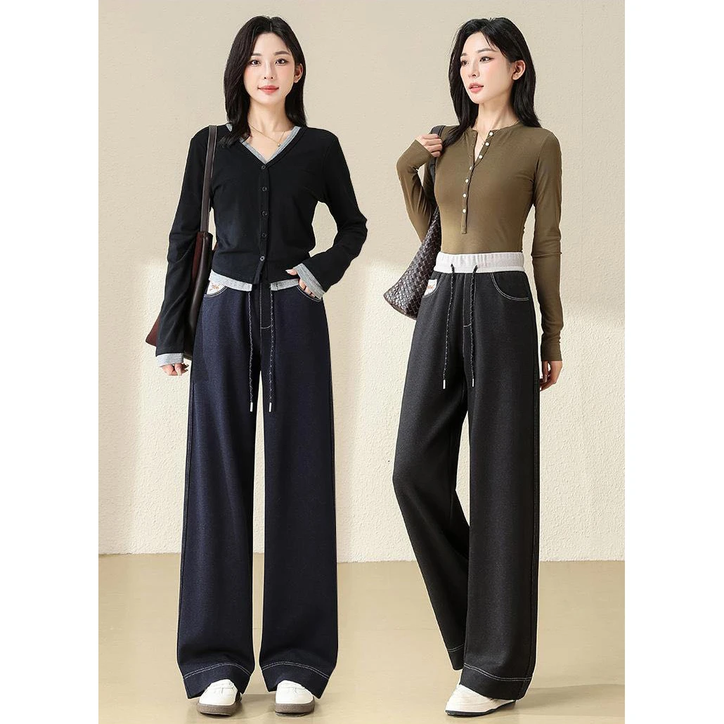 B 门店4&29！布鲁牛仔裤」藏肉阔腿裤高腰抗皱直筒休闲裤女 C24378