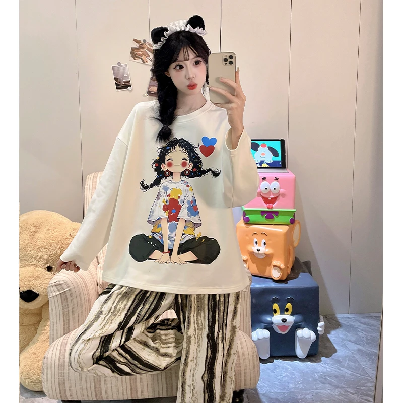 芯语婷春秋季新款爱心女孩女士睡衣长袖甜美可爱家居服套装可外穿