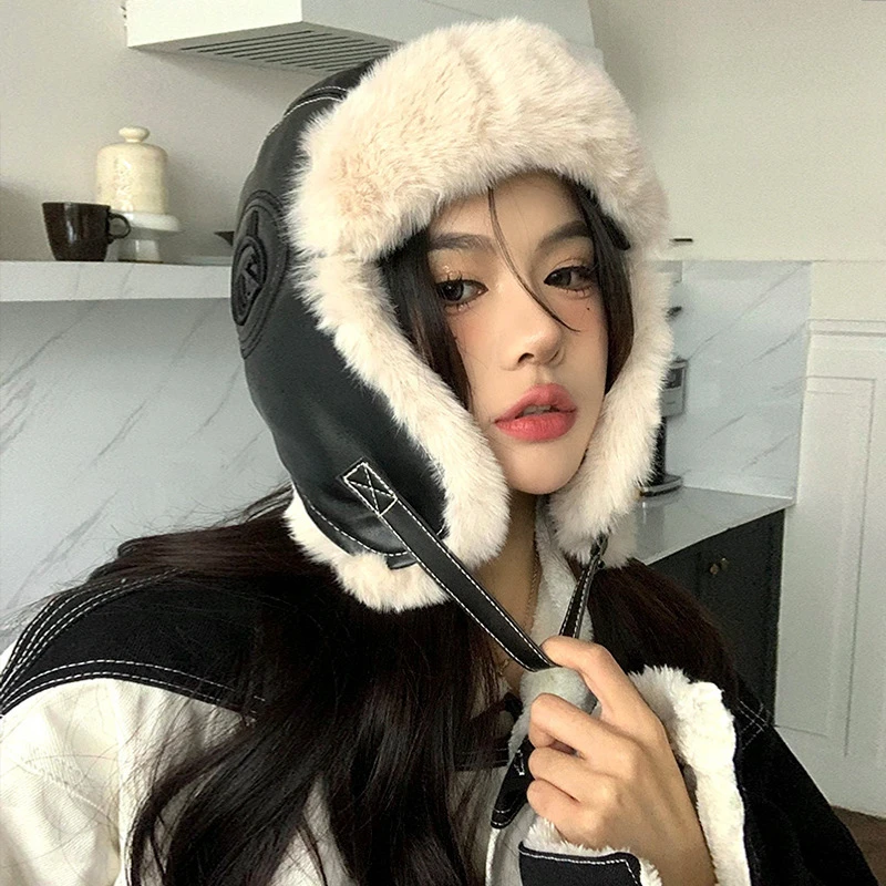 无檐冬季雷锋帽情侣毛绒帽男女加厚保暖皮质潮户外防寒护耳帽飞行