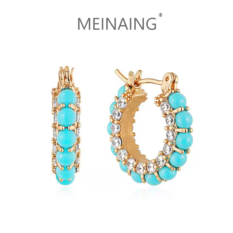 铜合金耳饰 欧美双排锆石耳环高级感复古气质蓝色显白高级感耳圈