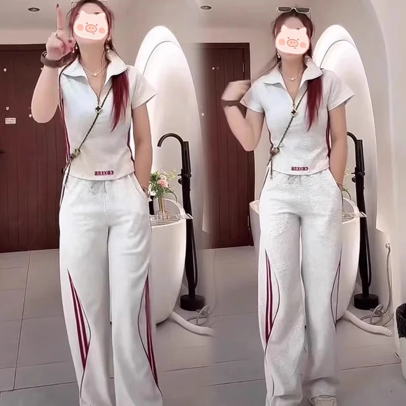 灰色休闲运动套装2025夏季新时尚洋气减龄翻领短袖t恤长裤两件套