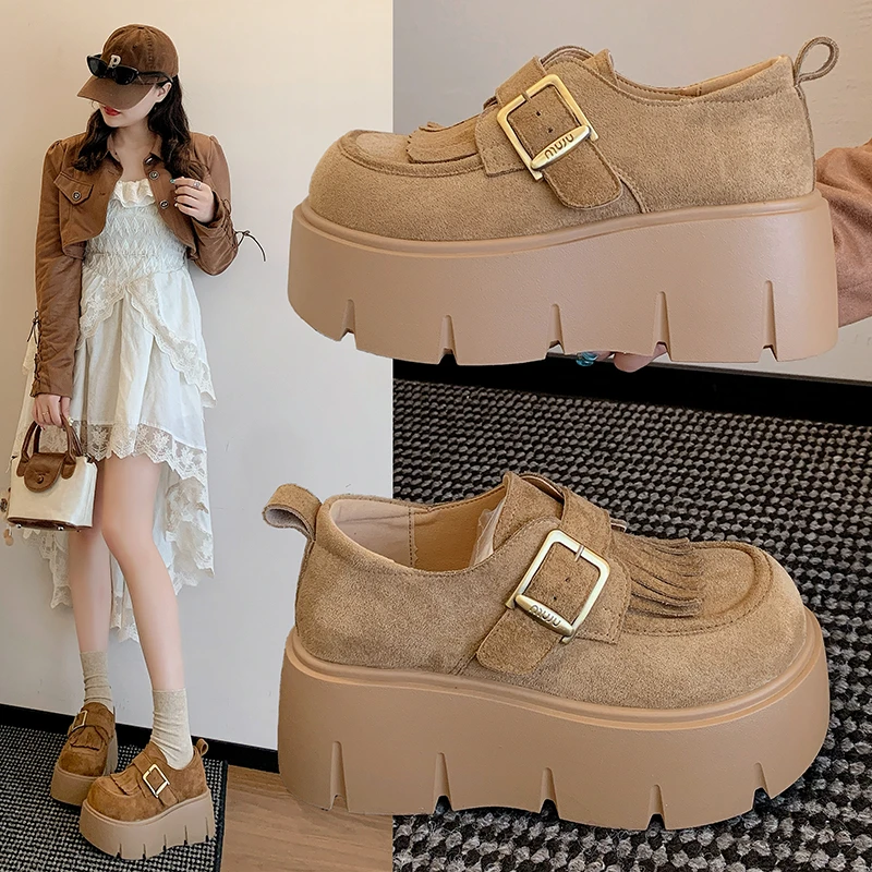 7cm厚底勃肯鞋女2025秋季新款小个子增高单鞋松糕休闲流苏乐福鞋