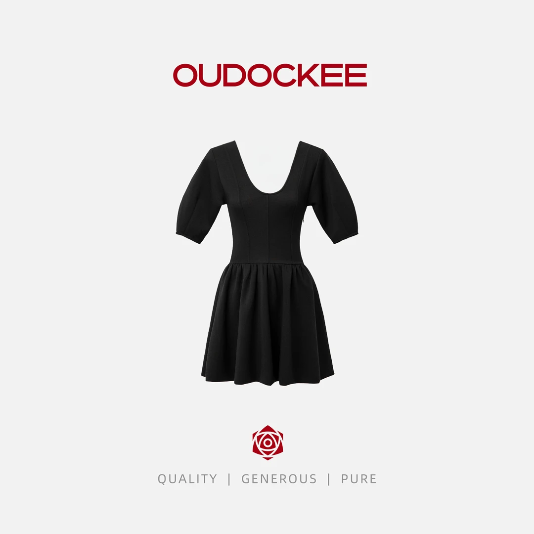 OUDOCKEE 鸥鸥【莫代尔】黑色连衣裙U领气质收腰 L2502X373T