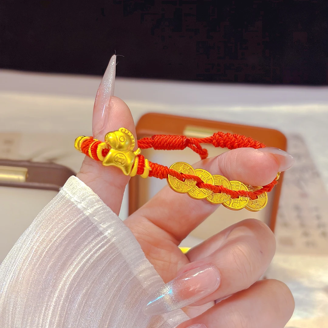 合金手链 线下同款马上有钱五帝钱红绳编织手链 马年招财手链