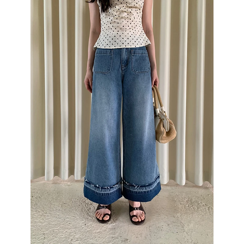 05.05NEW OPEN 25夏季新修身法式复古水洗浅蓝卷边毛絮直筒牛仔裤