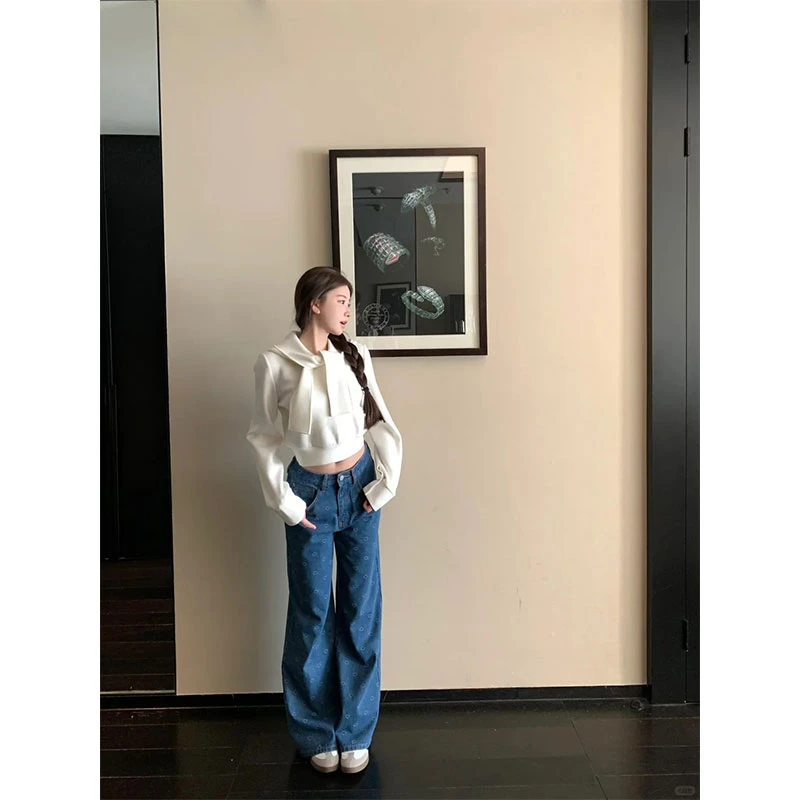 2025早春新款辣妹连帽长袖卫衣设计感高腰长款阔腿牛仔裤时尚套装