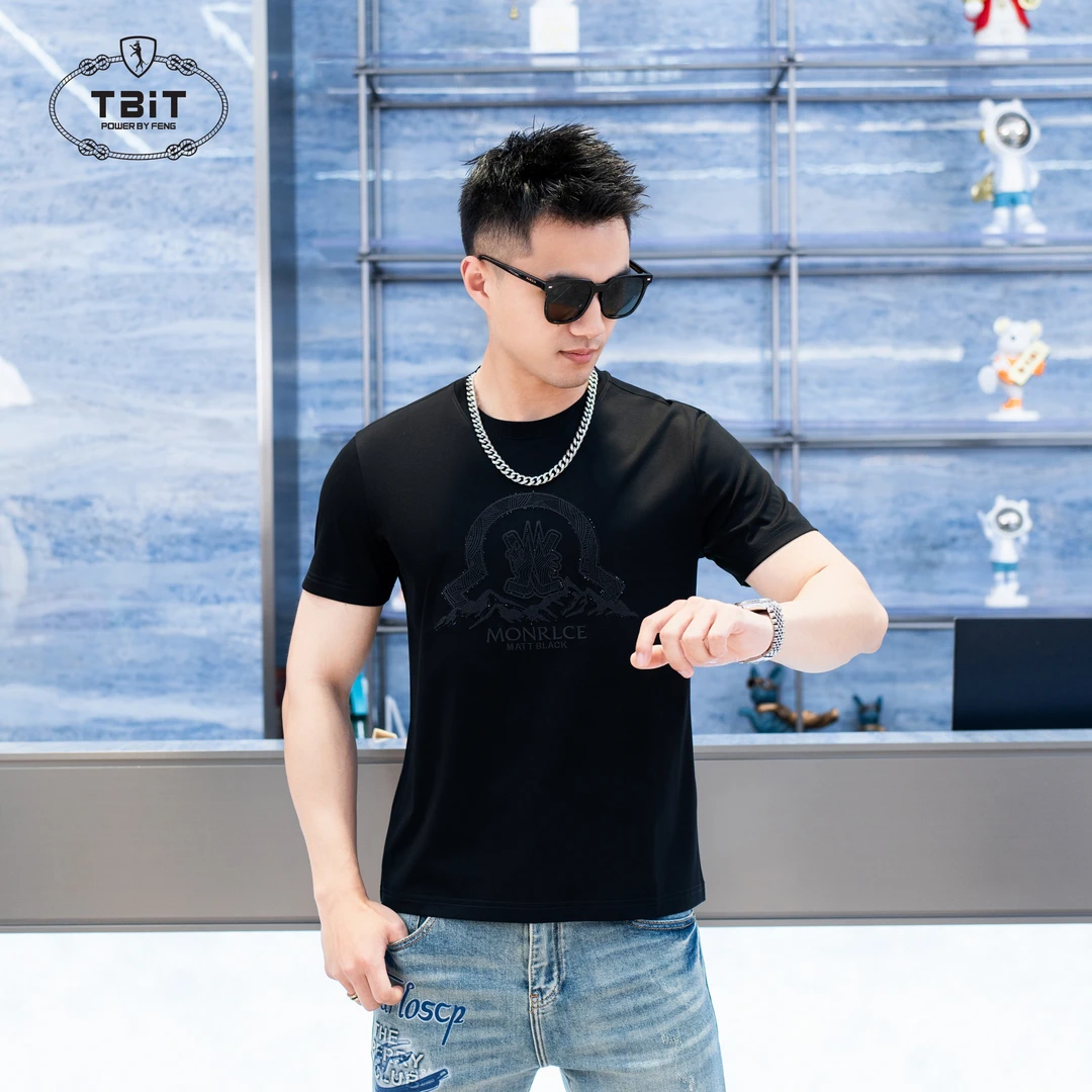 【TBIT】2025男士时尚休闲百搭春夏潮流透气圆领修身半袖T恤