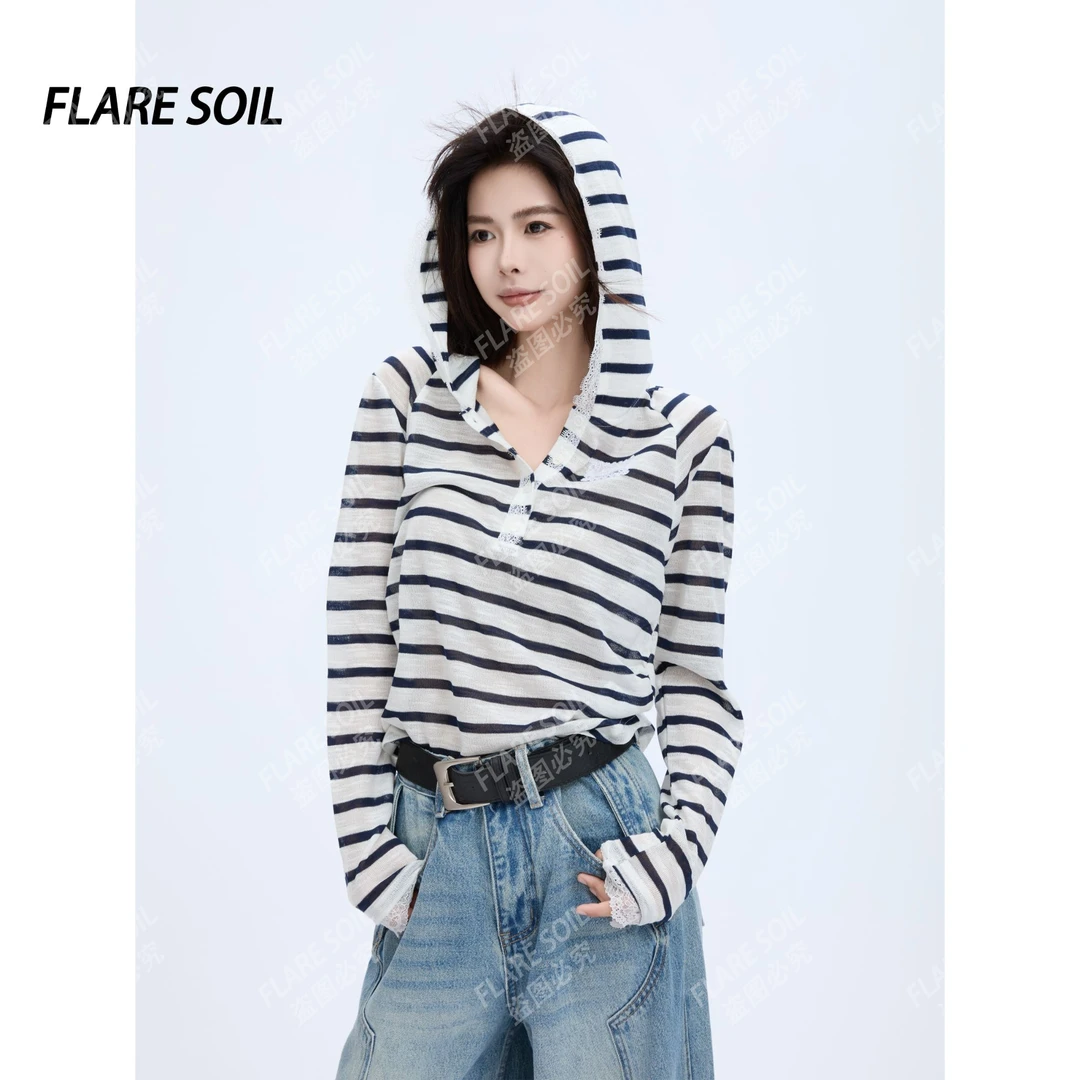【FLARE SOIL】（现货）秋季条纹蕾丝花边薄款套头帽衫 T4526A