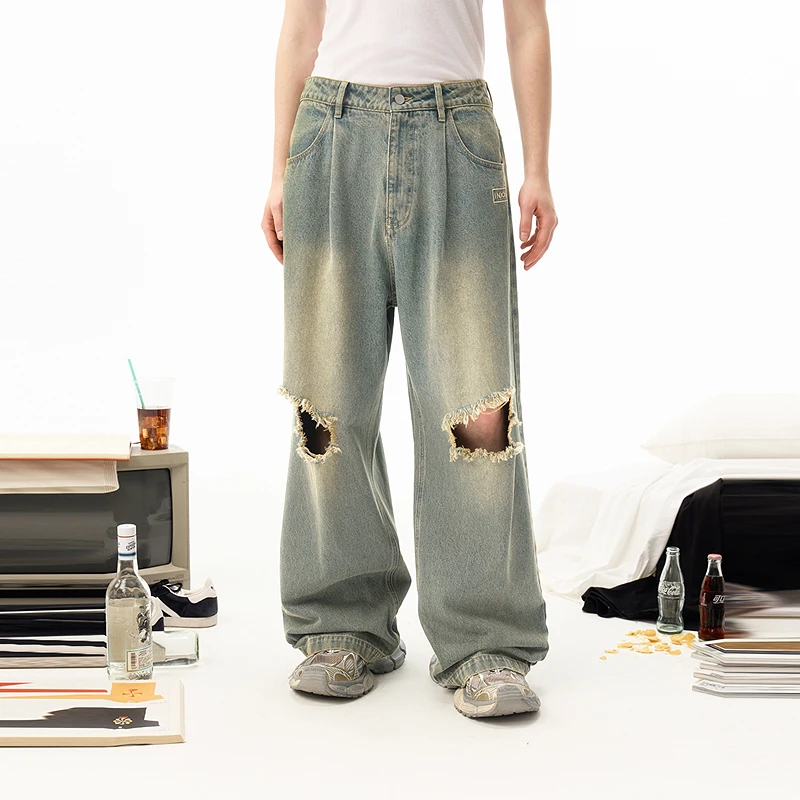 【INXX】潮牌复古水洗牛仔裤破洞刺绣直筒长裤男女同款XRF1220549