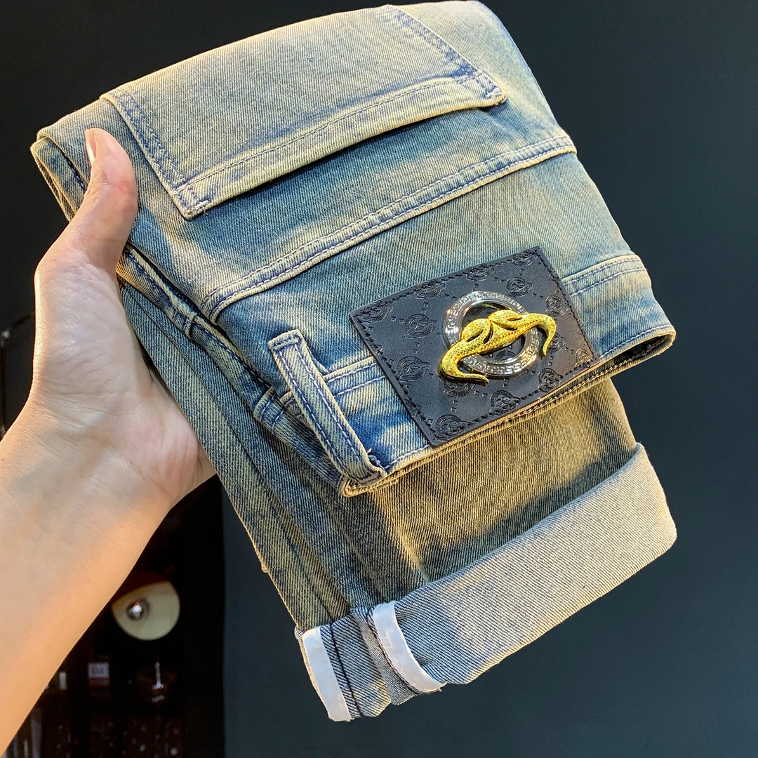 美式复古牛仔裤男2025年秋季新款高端刺绣小直筒修身男士休闲裤子