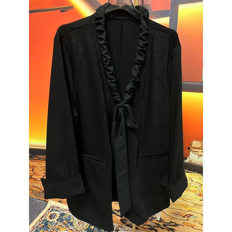 88820系带新款高级感冰花蕾丝西装外套慵懒风休闲设计师气质