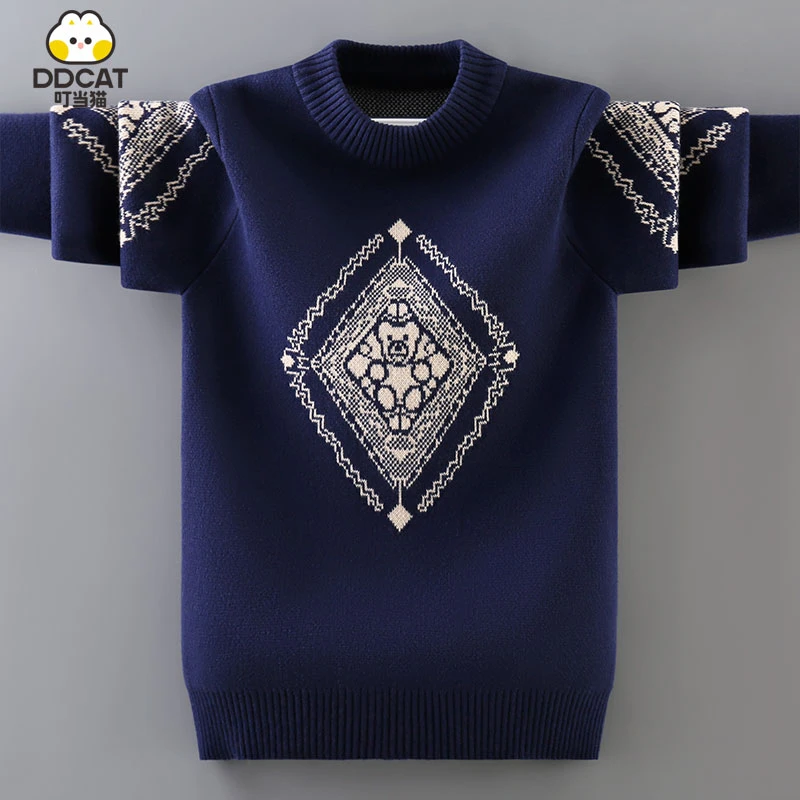 叮当猫男童毛衣针织衫大童洋气卡通风童装2024秋冬季加绒套头上衣