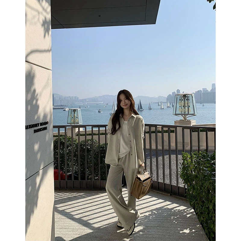 【轻氧漫步】简约时尚高级感宽松长袖外套高腰百搭休闲阔腿裤套装