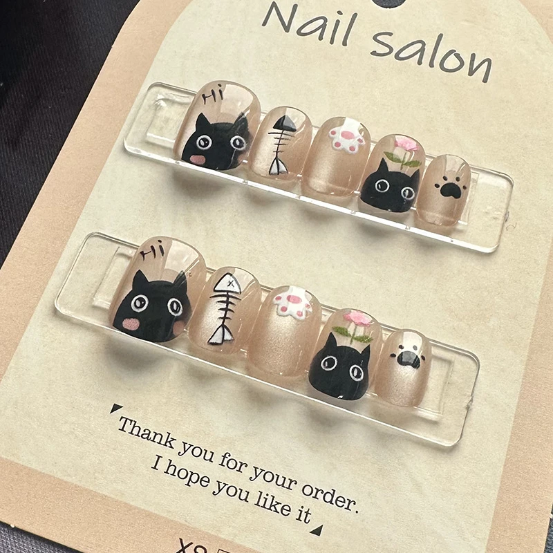 小黑的鱼156#纯手工穿戴甲ins显白裸色半手工猫眼美甲假指甲