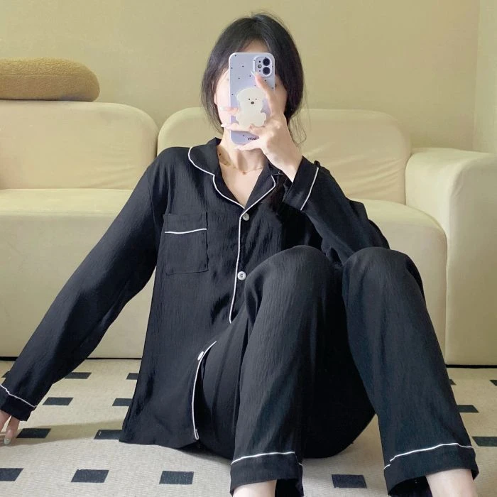 芯语婷春季新款纯色简约高级感睡衣女云朵泡泡纱家居服套装外穿