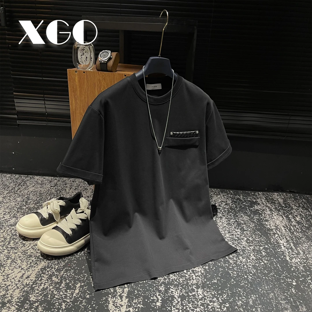 【XGORAD】夏季高定拼贴皮标设计上衣男重磅百搭半袖圆领短袖T恤