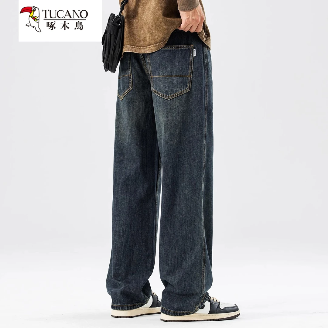 啄木鸟美式复古直筒加绒牛仔裤男2025新款秋冬休闲宽松长裤子男裤