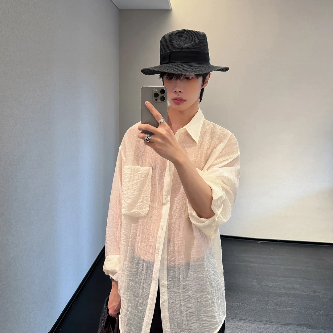 高林凡 夏季方领微透设计感长袖衬衫男女宽松休闲高级感防晒衬衣